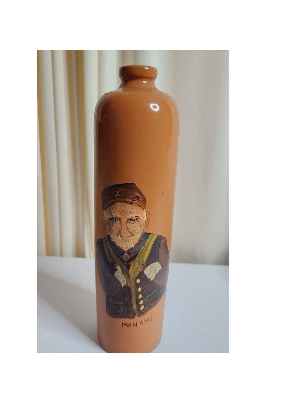 Vintage Monami 1983 Pottery Gin Bottle USA Hand Painted Sailor Sea Captain Brown